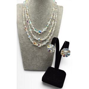 Vintage AB Crystal Beaded Necklace Earrings Set Wedding Prom